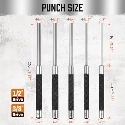 HORUSDY 5-Piece Roll Pin Punch Set, 8-Inch Carbon Steel Pin Punch Tool Kit (1/8" to 3/8") with Storage Pouch for Gunsmithing, Watch & Jewelry Repair