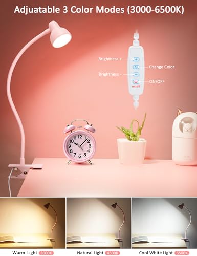 Pink Small Desk Lamp Clip on Reading Light for Bed 3 Colors - color: Pink