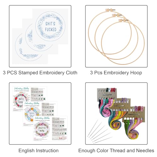 Louise Maelys 3 Sets Funny Embroidery Kits for Beginners - color: kit-12