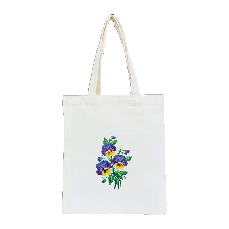 DIY Stamped Embroidery Tote Bag Kits Pansy Flower with Pattern Hoops Threads Needlework Art Reusable Shopping Storage Handbag Cross Stitch Kits Home Organizer for Woman