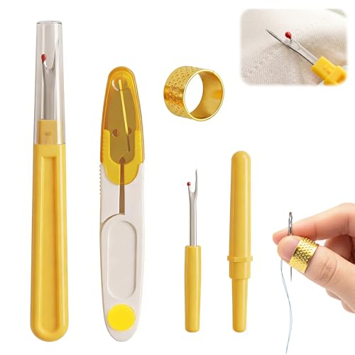 Seam Ripper for Sewing 4-Pc Set, Large and Small Stitch Ripper with Thread Snips, Ergonomic Thread Remover Tool with Metal Thimble for Embroidery, Quilting, Hemming