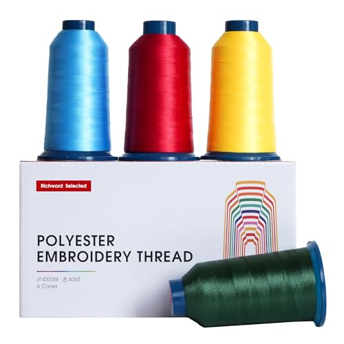 Poolin Maca Embroidery Machine Thread Richword Selected 4 Rolls 4000M(4374Y) 40WT Polyester Thread for All Commercial Multi Needles and Single Needle Embroidery Machines - color: Maca