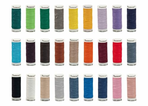 Threadsmith - 50 WT Cotton Thread Set – 27 Spools, 100 Meters Each – 3-Ply Mercerized Egyptian Cotton – Premium Sewing Thread in Reusable Box