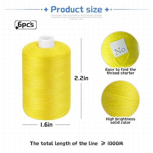 Yellow Thread for Sewing, 6 Spools of 1000 Yards Polyester Quilting Thread - color: Yellow+FaintYellow