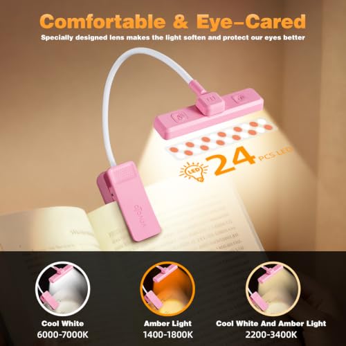 VAVOFO 24 LEDs Rotatable Book Light, Rechargeable Clip Reading Lamp, Pink - color: Pink