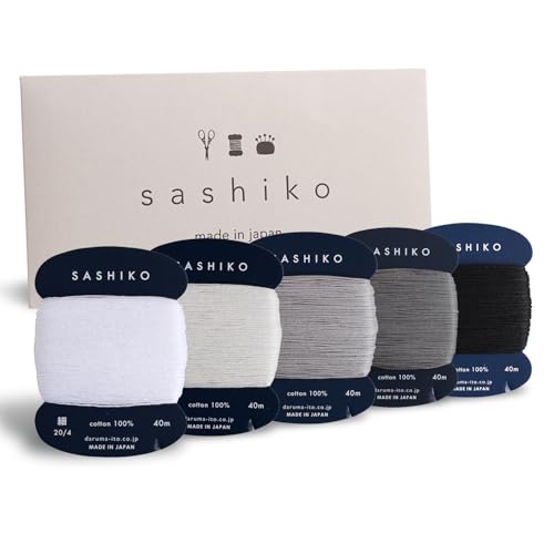 DARUMA Sashiko Thread 100% Cotton Card Type (43.7 yd) x 5 Colors with English Manual, Sewing & Embroidery Value Set with Gift Package(Thin, Yukidoke) - color: Yukidoke, size: Thin