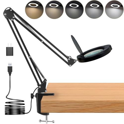 15X Magnifying Glass Desk Lamp with Clamp, Real Glass Lens, 84 LEDs, 5 Color Modes Dimmable, Led Lamp Magnifier with Dust Cover, USB Charger, Clean Cloth, Ideal Gift for Seniors, Crafters, Hobbyists