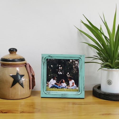 CVHOMEDECO. 6x6 Picture Frame Made of Solid Wood High Definition Glass Rustic Vintage Designs Small Photo Frame for Tabletop Display and Wall Mounting, Distress Blue - color: Distress Blue A, size: 6" X 6"