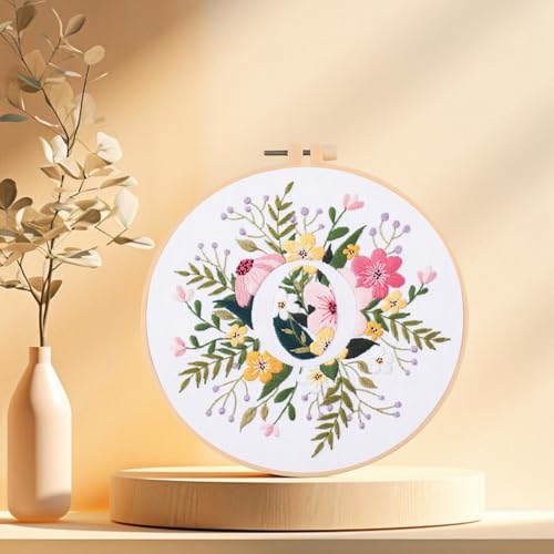 IUHUI Embroidery Kit for Beginners Adults - 26 Floral Letters Easy Patterns, DIY Hand Stitching Embroidery Set with Hoop (Flower and Grass Letter O) - color: Flower and Grass Letter O