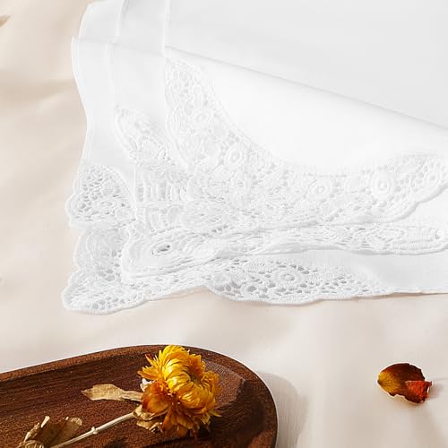 HOULIFE Lace Handkerchiefs for Women Pack, Ladies White Cotton Hankies with Flower Embroidery Lace Edge for Wedding Party