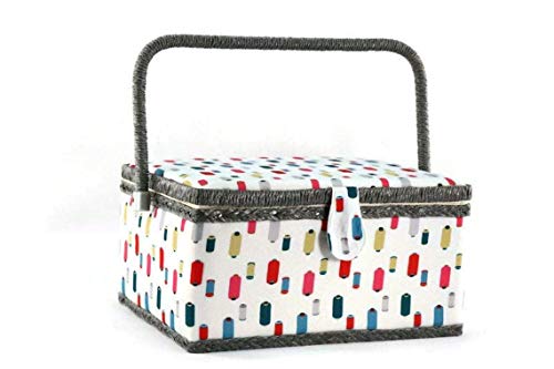 Sewing Basket with Colorful Spools Design - Sewing Kit Storage Box with Removable Tray, Built-in Pin Cushion and Interior Pocket - by Adolfo Design - color: Colorful Spools, size: Large - 12" x 9" x 6"