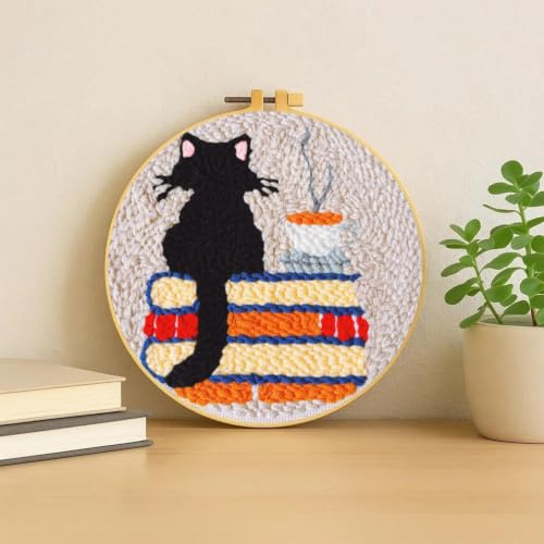 Punch Needle Kit for Beginners Adults-Cat Coffee, with Embroidery Hoop - color: Punch Needle kit-Cat Coffee