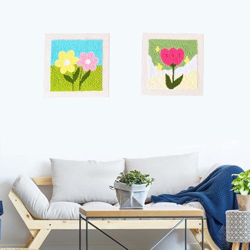 Allazone Punch Needle Starter Kit, Embroidery Frame With Square Fabric, Flower Pattern, Hoop, Yarns (Yellow and Pink Flowers) - color: Green Blue