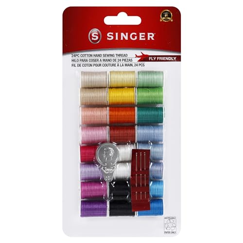 SINGER Mercerized Cotton Hand Sewing Thread Pack - 24 Assorted Colors, 10yds/ea, Mini Spools of Thread, Includes Hand Needles & Threader, Travel Friendly