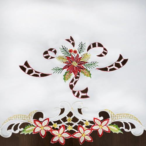 Grelucgo Holiday Tablecloth, White with Red Poinsettia Embroidered Design, Scalloped Edge, Christmas Dining Table Decor (Oval 57x84 Inches) - size: 84" x 57" (Oval)