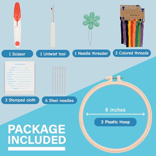 Beginner Embroidery Kit – Learn 28 Stitches – DIY Embroidery Set with 3 Hoops, Stamped Patterns, Needles, Scissors, Thread – Complete Cross Stitch Kit for Adults, Teens, Beginners & Crafters - color: Beginner Practice Patterns