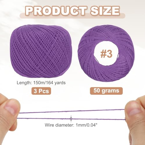 MECCANIXITY Crochet Thread Pearl Cotton Size 3 Purple 3 Rolls 164 Yards for Crocheting Tatting Knitting Embroidery Sewing - color: Purple