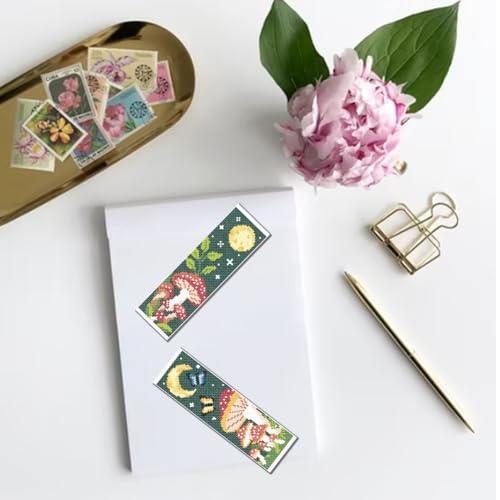 FREEBLOSS 6 Set Cross Stitch Bookmark Kit Stamped Cross Stitch Kit Mushroom Bush Embroidery Set with Instruction for Adults 8''*2.4'' - style: Mashroon Moon