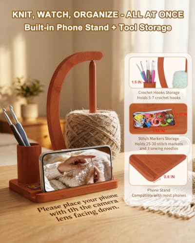 SPEENSUN Magnetic Bamboo Yarn Holder with Phone Stand, Walnut Finish - color: Walnut Finish