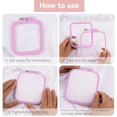 Framendino, 4 Pack Size Square Embroidery Hoops Plastic Cross Stitch Reusable Frames Rings for DIY Sewing Needlework Project