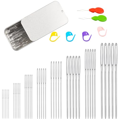 Eketirry 46 PCS Large-Eye Blunt Needles kit, 8 Sizes Stainless Steel Yarn Knitting Sewing Needles, Crafting Weaving Stringing Needles with Threaders and Stitch Markers (Sliver) - color: Sliver