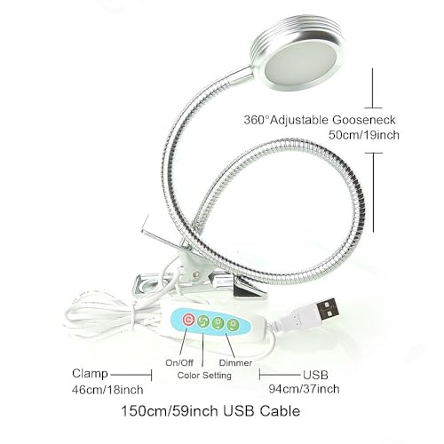 QUANS 3 Color Dimmable LED Clip On Light Silver Gooseneck Desk Reading Lamp - color: Silver (3 Color) Dimmable
