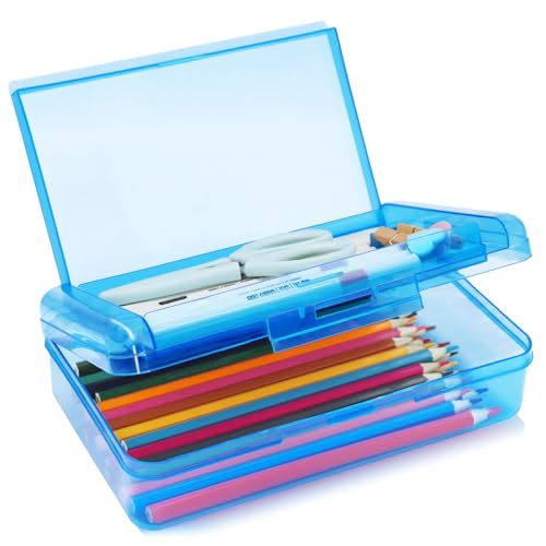 Double Layer Plastic Clear Hard Colored Pencil Box Case Pen Crayon Box - color: Blue