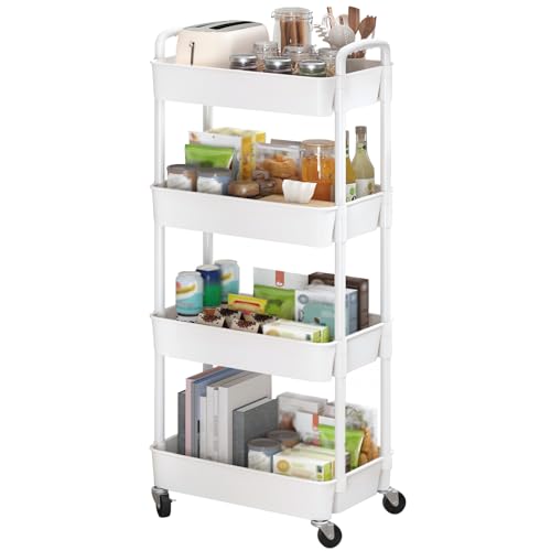Sywhitta 4-Tier Plastic Rolling Utility Cart with Wheels for Storage,White - color: White, size: 4-tier