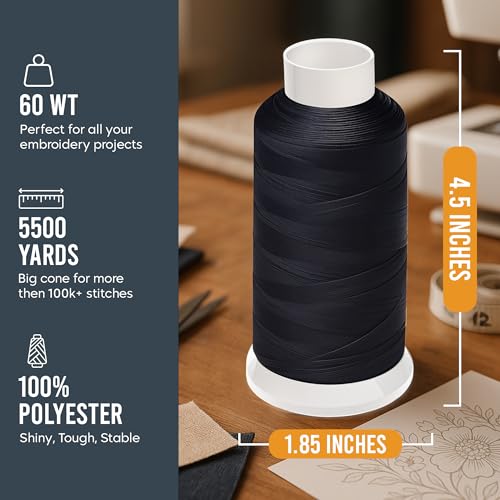 Black X-Large Cones Embroidery Bobbin Thread 60WT - 5500 Yards Cone Spool - color: Black, size: 1 Pack