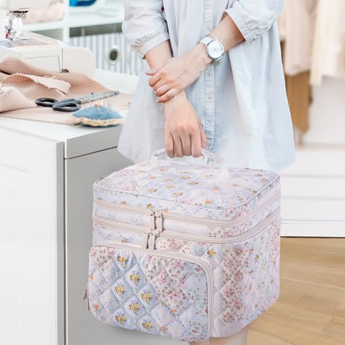 AMOIGEE Large Sewing Basket with 2 Detachable Pouches & Removable Dividers - color: Flower Patchwork
