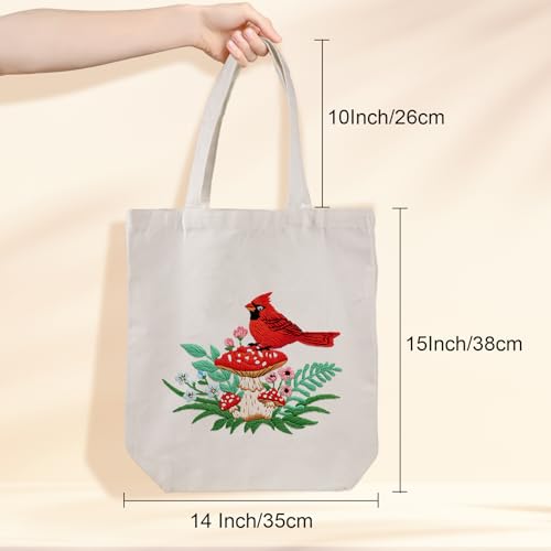 Louise Maelys Embroidery Kit, Cardinal Mushroom Canvas Tote Bag Craft Set - color: Cardinal
