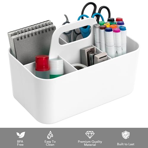Tiawudi Multipurpose Caddy Organizer, Plastic Caddy with Handle, Stackable Desk Organizer for Stationery, Marker and Pencil, Office Supplies Organizer, Dorm Caddy - color: White, size: Rectangle