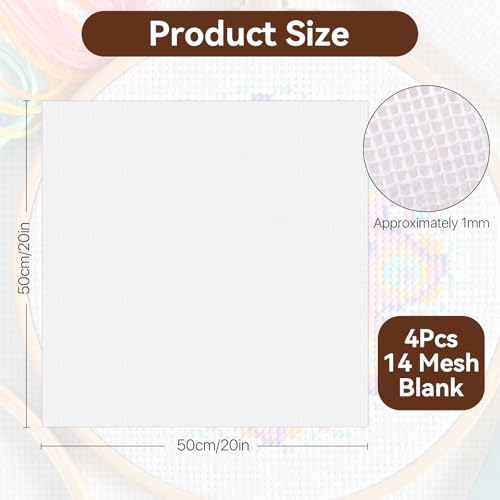 4 Pcs Needlepoint Canvas 14-Mesh, 20x20 Inch White Needle Point Canvas for Embroidery, Blank Polyester-Cotton Twist Interlock Needlepoint Mesh for DIY Handicraft Knit Crochet Projects