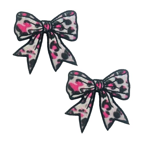 Pink Leopard Print Bow Patch, 3” x 3", 2-Pack, Embroidered Iron-On for Hats, Bags, Jackets - color: Leopard Print Bow - Pink