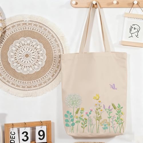 CREAWONDER Canvas Tote Bag Embroidery Kit with Pattern for Beginners, Arts and DIY Embroidery Crafts Kits for Adults, Include Instructions, Embroidery Hoops, Color Threads and Tool - color: CR002 banmeng white