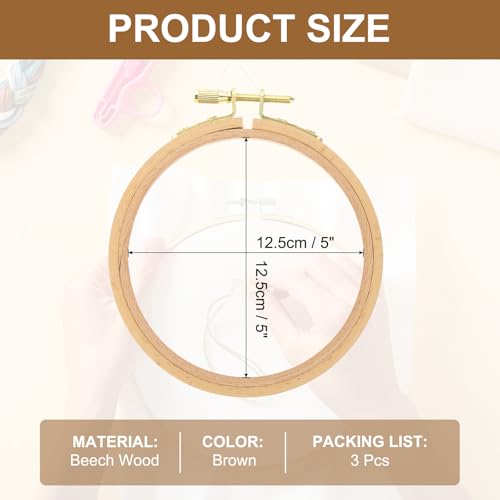 PATIKIL 3 Pieces 5 Inch Beech Wood Embroidery Hoops, Circle Cross Stitch Hoop Frames Embroidery Hoop Ring with Adjustment Brass Screw for Sewing, Needlework, DIY Craft Decoration - size: 5 Inch