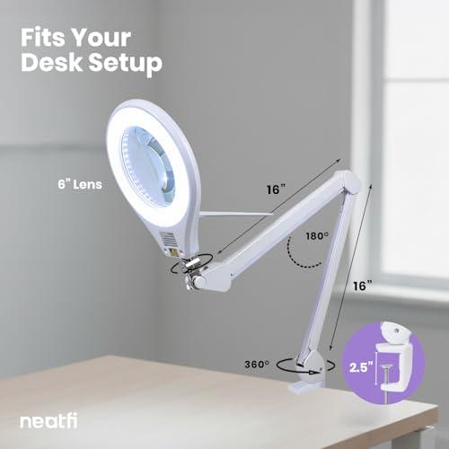Neatfi Elite Super LED Magnifying Lamp with Clamp – 6” Glass Lens, 2.25X/4X Bifocal, 6500K Daylight | Glare-Free, Nonpolar Dimming | Reading, Crafting & Precision Work (6 Inch Lens, White) - color: White, size: 6 Inch Lens