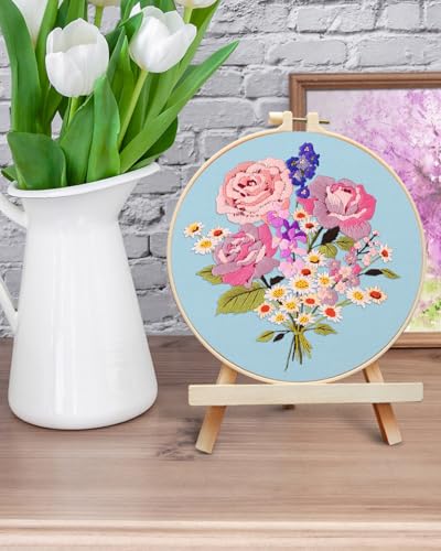 ERKOON Embroidery Kit for Beginners, Flower Cross Stitch Set for Include Embroidery Cloth Hoops Threads for Craft Lover Hand Stitch with Embroidery Skill Techniques (Bouquet) - color: Bouquet