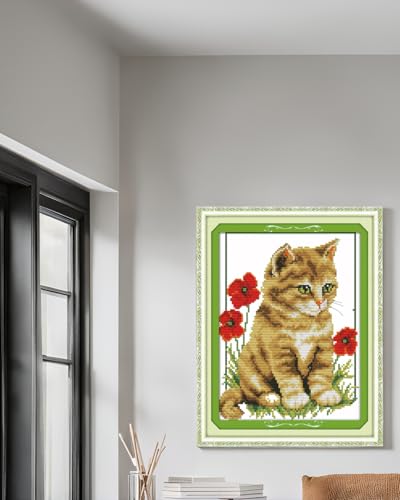 CaptainCrafts Cross Stitch Kits for Adults Stamped 11CT Cat Pattern - color: Cat and Poppy, style: Stamped