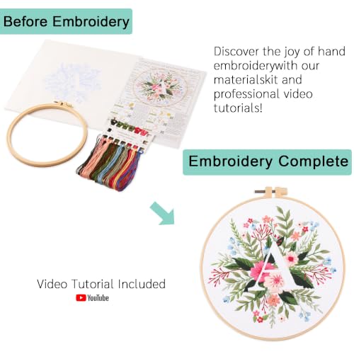 Harimau Letter A Pattern Embroidery Kit for Adult Beginners, Complete Starter Pack with 1 Hoop, Needles, Instruction Guide & Embroidery Stitch Video Tutorials - color: White A
