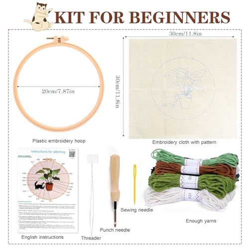 KESTAR Punch Needle Embroidery Starter Kits, Black and White Cat Plant Punch Needle Kits for Adults Beginner, Needle Punch Kit Tool with Instruction Threader Fabric Yarns and Hoop - color: Black White Cat
