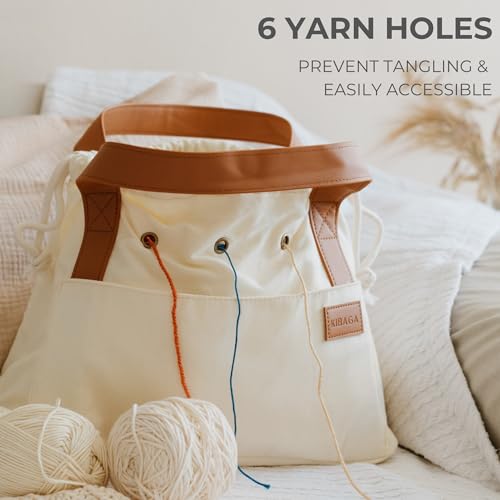 Stylish Crochet Bag Organizer for Yarn - Durable Canvas with 8 Pockets - color: Beige