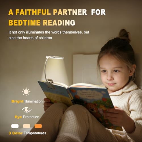Rechargeable Kids Book Light 25 LEDs - Reading Light for Kids, Eye Caring 3 Colors & 5 Brightness Levels, Extended 1200mAh Battery, Gifts for Kids & Book Lovers (White Doodle) - color: White Doodle