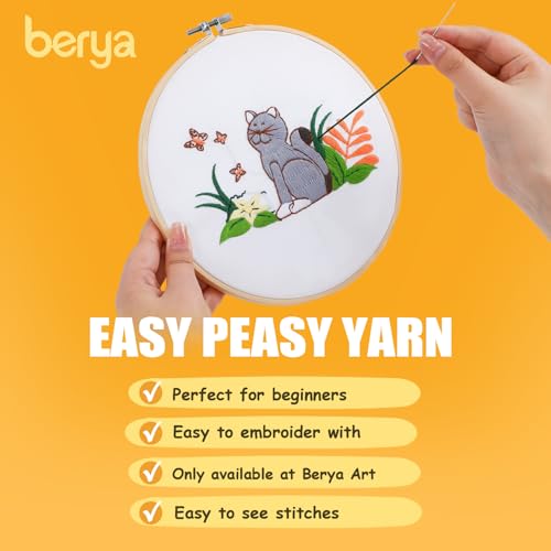 Embroidery Kit for Adult Beginners, Cat Embroidery Kit with Step-by-Step Instructions and Video, Printed Cloth, 7.87" Hoop, Display Stand, Color Threads, Threader & Needles for Craft Lover(BED001) - color: Gray and white cat