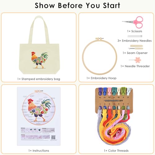 ERKOON Canvas Tote Bag Embroidery Kit for Beginners, Floral Arts Crafts Cross Stitch Kits for Adults Including Stamped Embroidery Bag with Hoops, Needle, Instruction and Color Threads (Rooster) - color: Rooster
