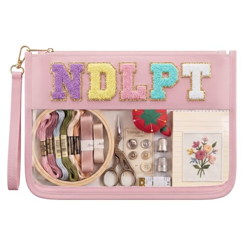 Klyyo Clyro Needlepoint Project Bag Clear Embroidery Sewing Bag Sewing Craft Organizer Storage Chenille Letter Zipper Pouch for Quilting Embroidery Knitting Stitching Cross Stitch Crochet (Pink) - color: Pink