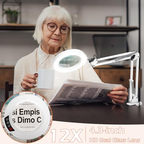 12X Real Glass Magnifying Glass with Light and Stand, LED 5 Color Modes, Stepless Dimmable Magnifying Floor Lamp, 3-in-1 Adjustable Swing Arm Lighted Magnifier Lamp with Clamp for Craft - White - color: White