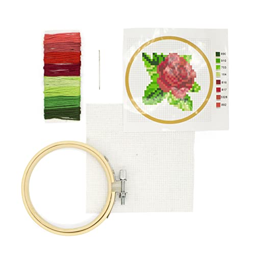 Kikkerland DIY Mini Cross Stitch Rose Embroidery Craft Starter Kit Set, with Pattern Instructions, 3" Bamboo Hoop, Stress Relief, Adult Beginner Friendly - color: Rose