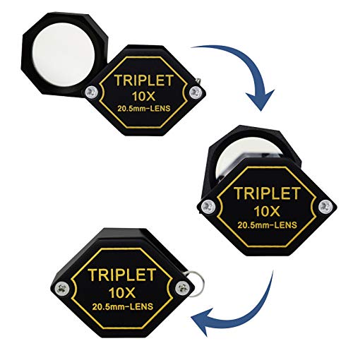 10x Magnifier Jewelry Loupe 20.5mm Triplet Lens Optical Glass Pocket Gem Magnifying Tool for Jeweler, Stamp Philatelist, Coin Numismatic, Achromatic Black Hexagonal Design Kit Set