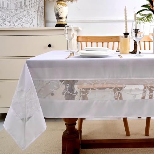 Polyester Fabric Tablecloth with Exquisite Embroidery Sheer Border-Waterproof/Wrinkle Resistant-for Dining,Indoor&Outdoor,Wedding,Holiday,White,Rectangle 60x120Inch - color: White, size: 120" x 60" (Rectangular)